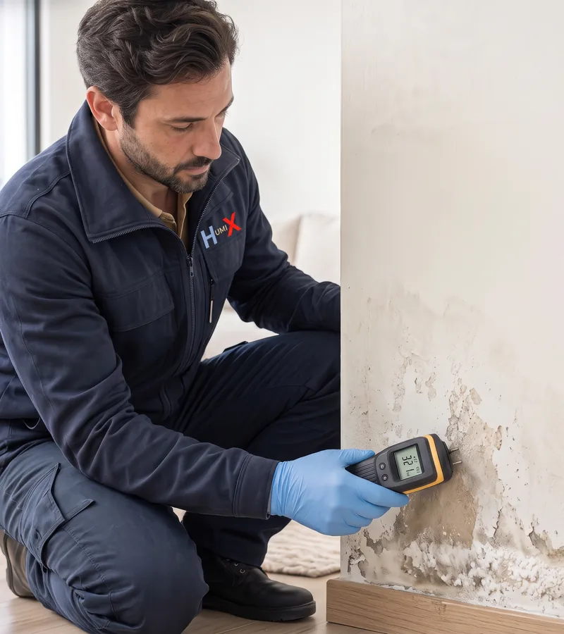 Rising damp and blown plaster at the bottom of a wall in Glasgow